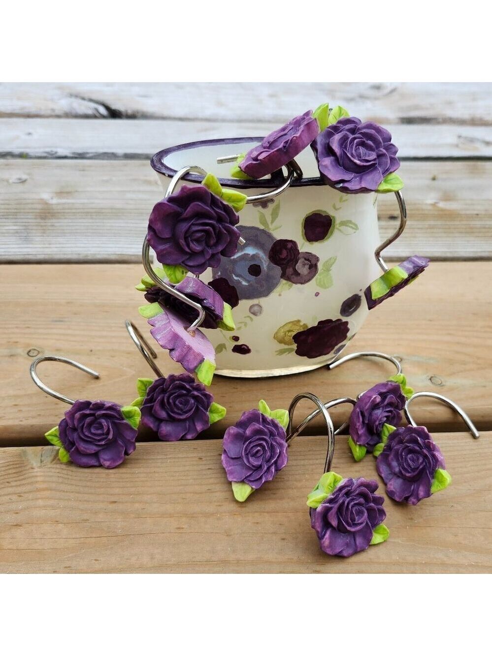 PRETTY Purple Roses Bathroom Set 12 Shower Hooks Plus Toothbrush Holder PURPLE